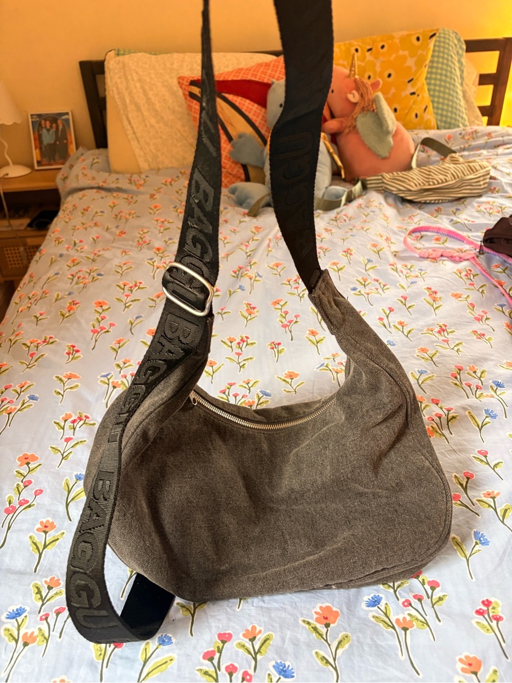 BAGGU Washed Black Denim Medium Crescent Bag